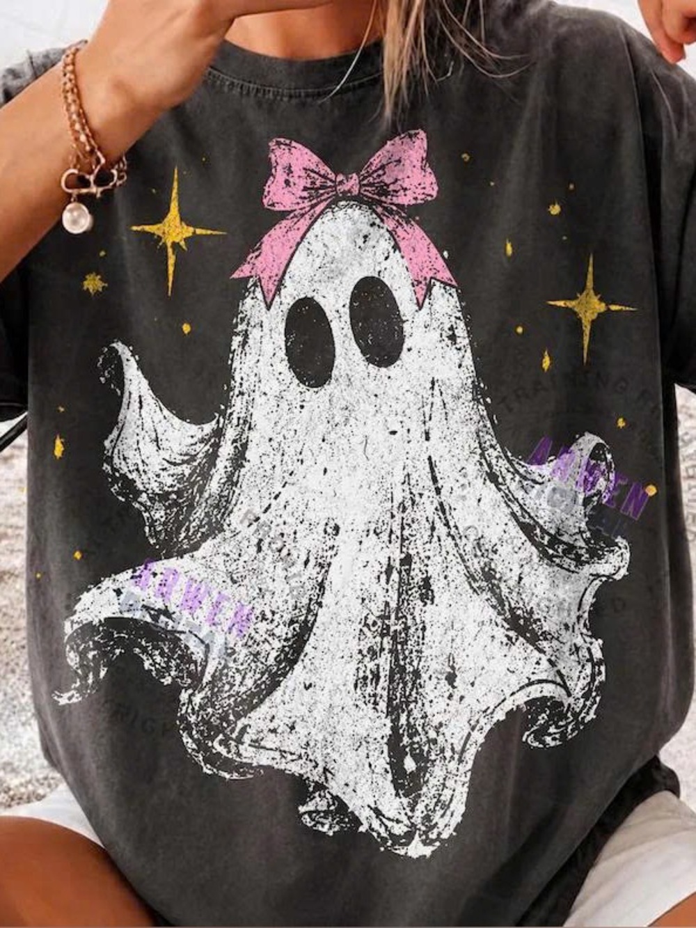 Gildan Black Tee with White Ghost, Pink Bow and Gold Stars